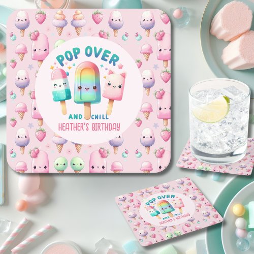 POP on Over and Chill Ice Pop Party Decor Birthday Square Paper Coaster