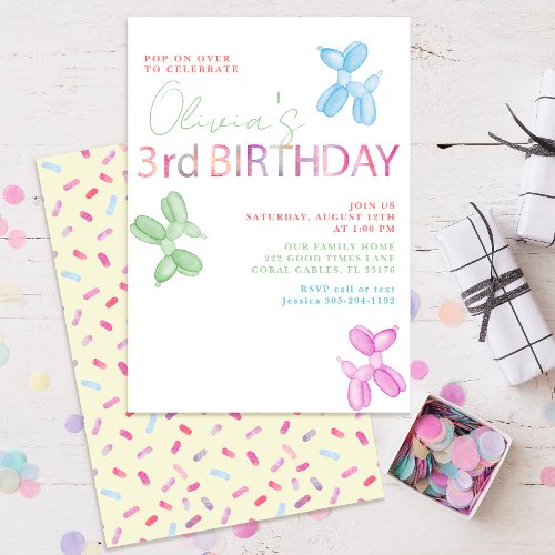 Pop On Over Animal Balloons 3rd Birthday Party Invitation