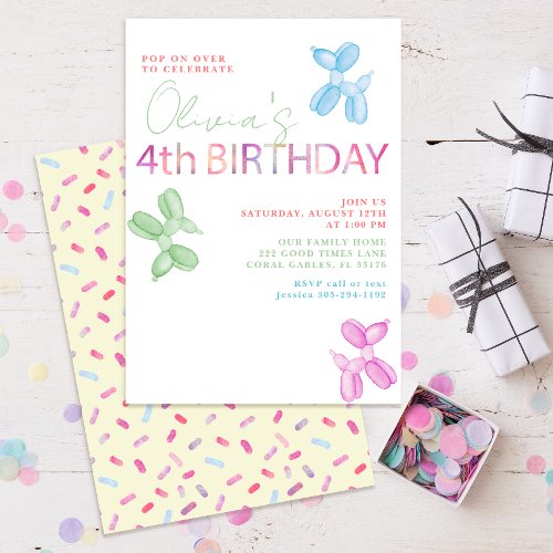 Pop On Over Animal Balloons 4th Birthday Party Invitation