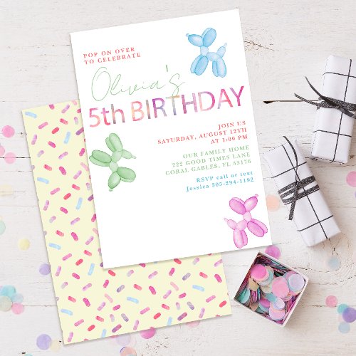 Pop On Over Animal Balloons 5th Birthday Party Invitation