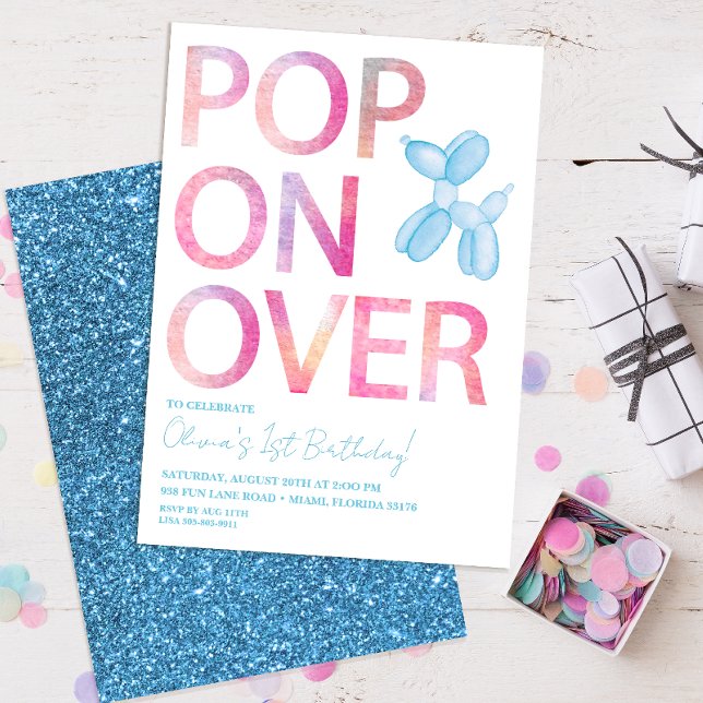 Pop On Over Balloon Animal Birthday Invite (pop on over balloon birthday themed birthday party)