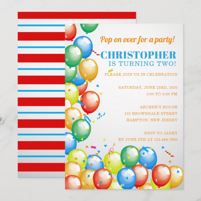 Pop on Over Balloons Birthday Party Invitation (Front/Back)