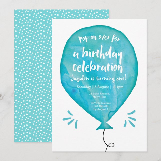 Pop on over Blue Balloon Birthday Invitation (Front/Back)