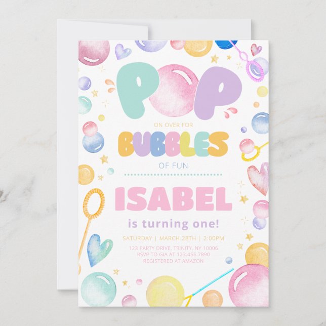 Pop on Over for Bubbles Birthday Invitation (Front)