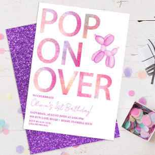 Pop On Over Girl Balloon Dog Birthday Invite