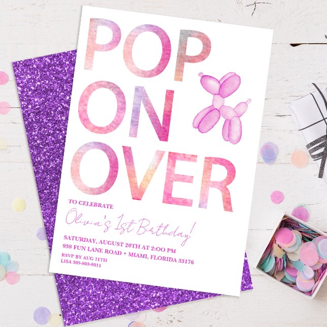 Pop On Over Girl Balloon Dog Birthday Invite (pop over purple birthday invitation)