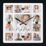 Pop Pop Script Family Memory Photo Grid Collage Square Wall Clock<br><div class="desc">A beautiful personalized gift for your Pop Pop that he'll cherish for years to come. Features a modern thirteen photo grid collage layout to display 13 of your own special family photo memories. "Pop Pop" designed in a beautiful handwritten black script style. Each photo is framed with a simple gold-colored...</div>