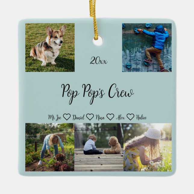Pop Pop's Crew Custom  5 Photo Grid, Green  Ceramic Ornament (Front)