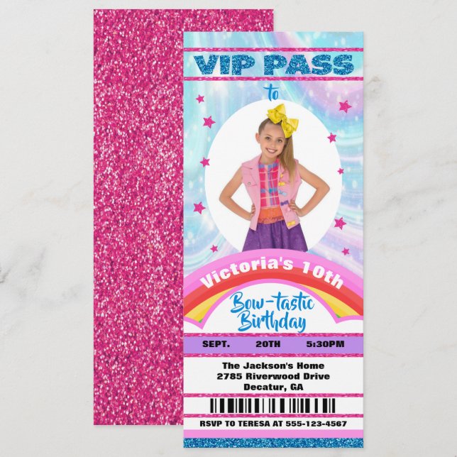 Pop Star Bow Photo VIP pass ticket Birthday Invitation (Front/Back)