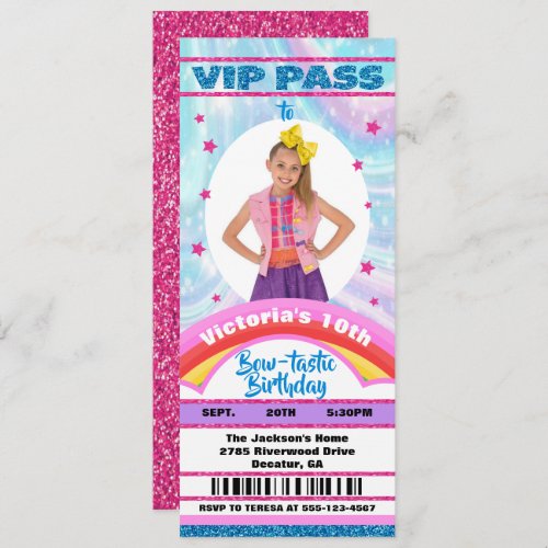 Pop Star Bow Photo VIP pass ticket Birthday Invitation