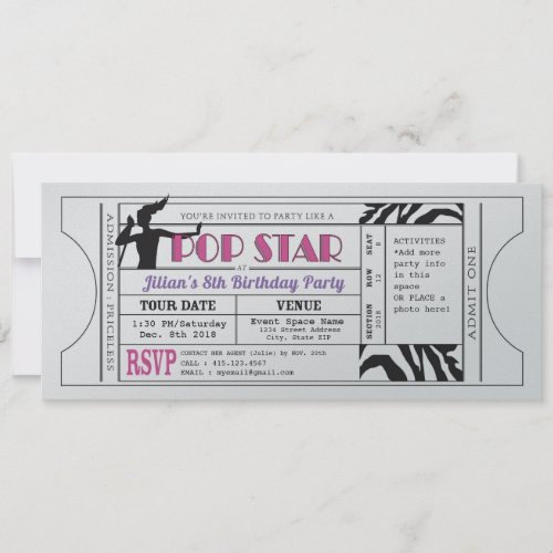 Pop Star Girls Vintage Ticket Birthday Invite