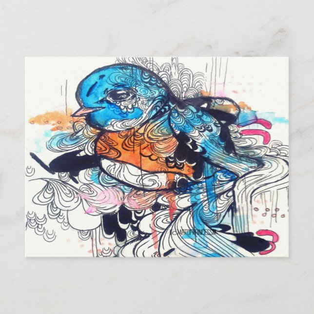 Pop surreal art kawaii blue bird animal art postcard (Front)