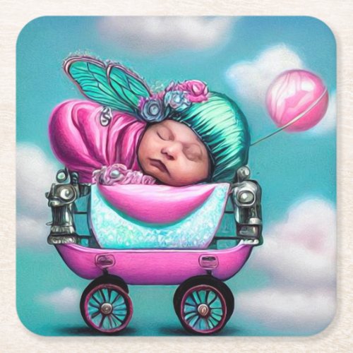 Pop Surrealism Baby in Carriage Square Paper Coaster