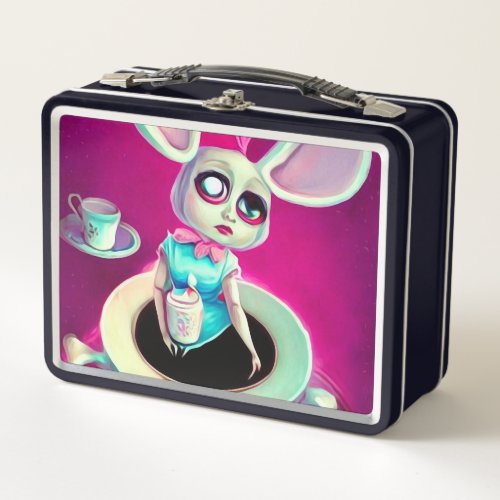 Pop Surrealism Bunny Ears Tea Cup Doll Metal Lunch Box