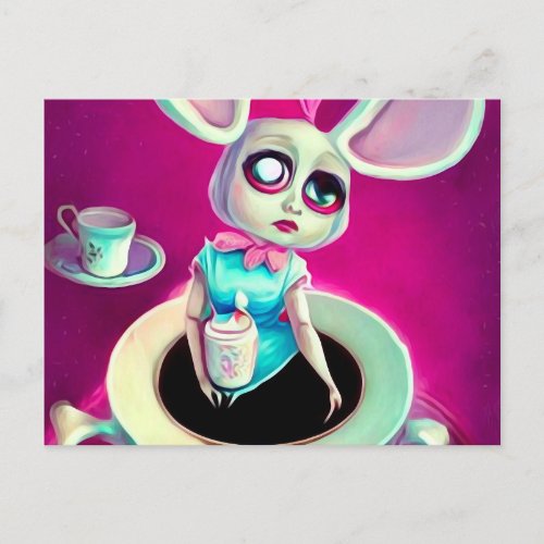 Pop Surrealism Bunny Ears Tea Cup Doll Postcard