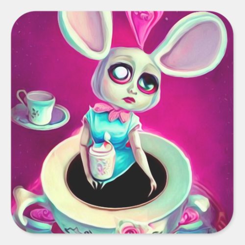 Pop Surrealism Bunny Ears Tea Cup Doll Square Sticker