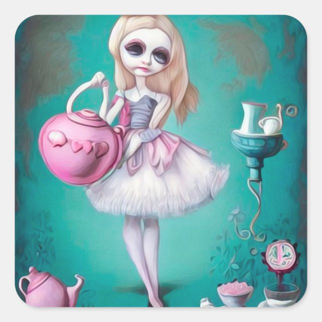 Pop Surrealism Painted Alice & Tea Pot Square Sticker (Front)