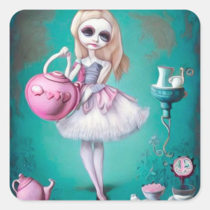 Pop Surrealism Painted Alice & Tea Pot Square Sticker