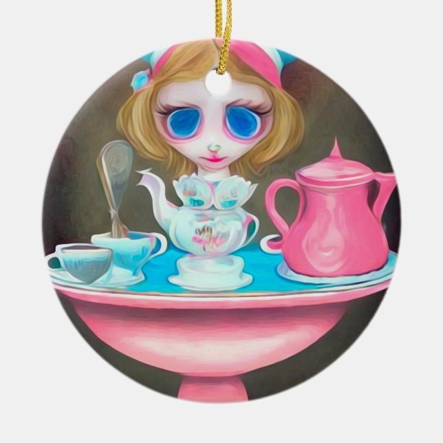 Pop Surrealism Painted Wonderland Tea Party Ceramic Ornament (Front)