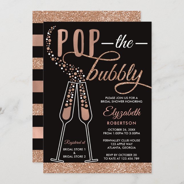 Pop The Bubbly Bridal Shower Invite, Faux Gold Invitation (Front/Back)