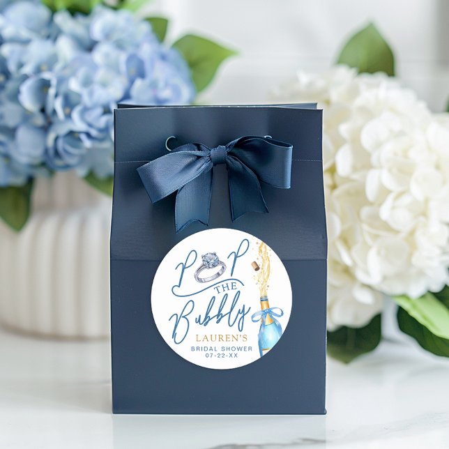 Pop the Bubbly Champagne Bridal Shower Favor Classic Round Sticker (Pop the Bubbly - Favor Sticker)