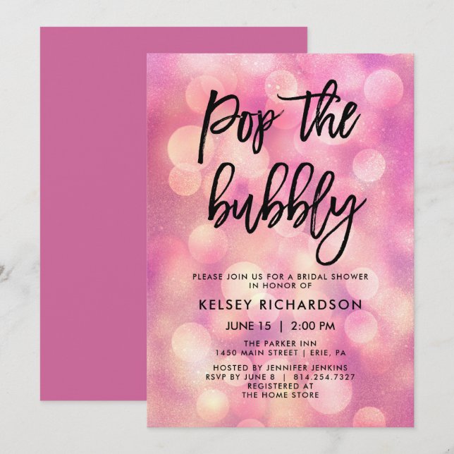 Pop the Bubbly | Pink Bokeh Look Bridal Shower Invitation (Front/Back)