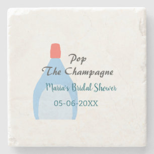 Pop the Champagne blue bridal shower add name date Stone Coaster
