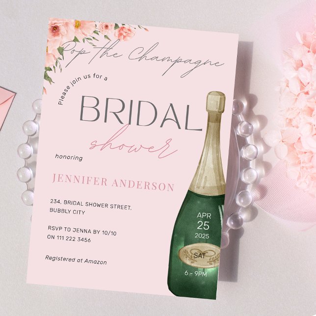 Pop the Champagne Dusty Pink Floral Bridal Shower Invitation (Pop the Champagne Dusty Pink Floral Bridal Shower Invitation)