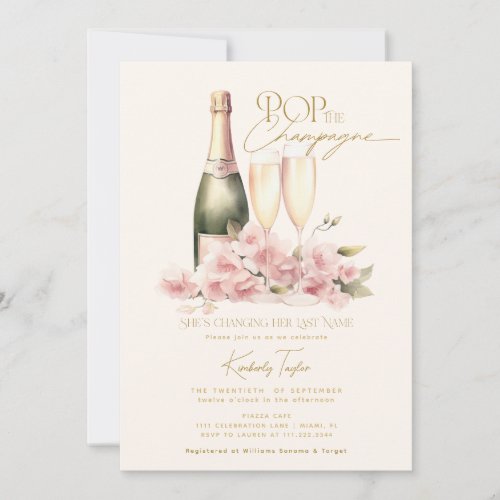 Pop The Champagne Floral Blush Glass Bridal Shower Invitation