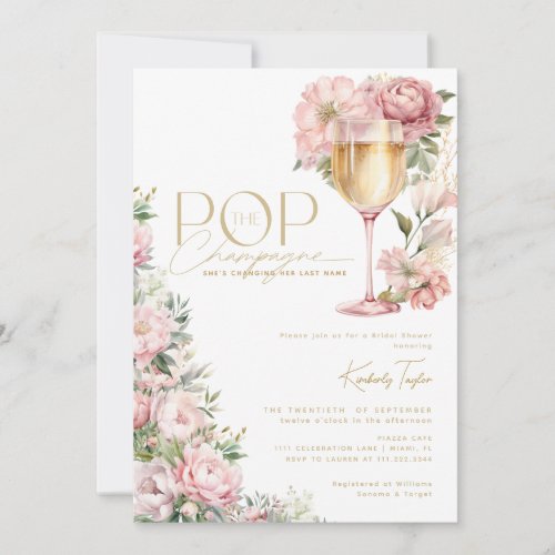 Pop The Champagne Floral Pink Bridal Shower Invitation