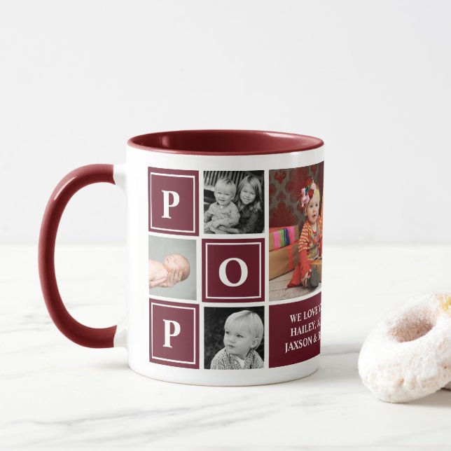 Pop We Love You Maroon Custom Photo Collage Mug (With Donut)