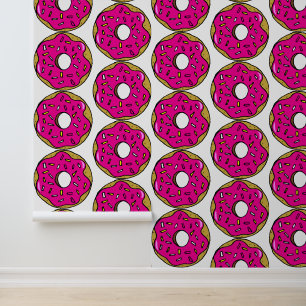 Popart Bright Pink Donuts Food Patterned Kitchen Wallpaper