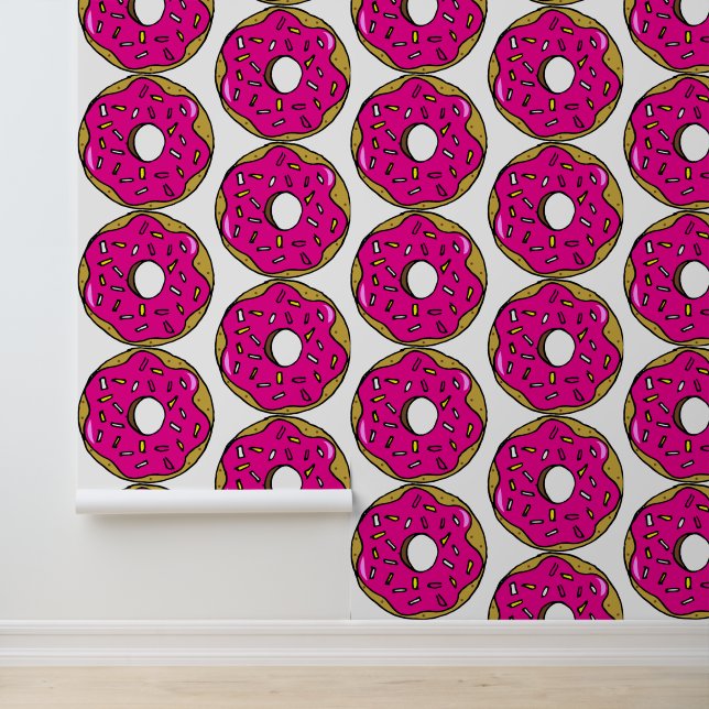 Popart Bright Pink Donuts Food Patterned Kitchen Wallpaper (Application)