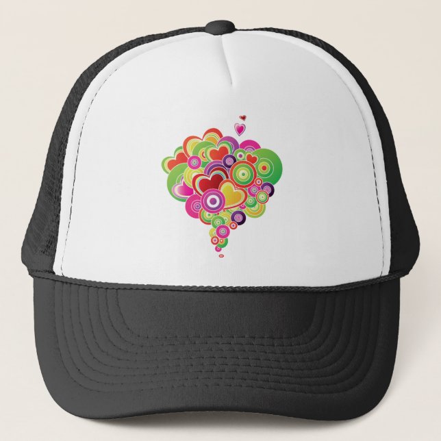 PopArt Pink and Green Hearts Trucker Hat (Front)