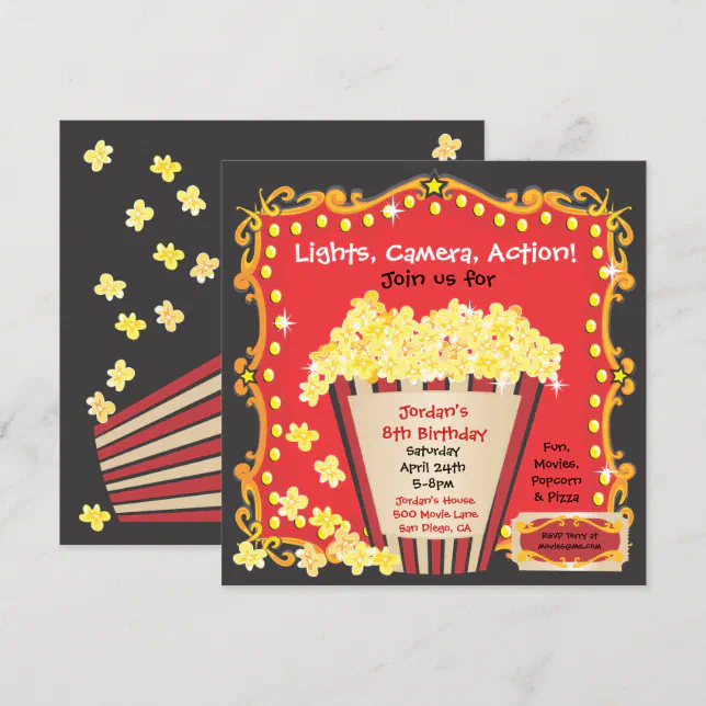 Popcorn and a Movie Birthday Party Invitation | Zazzle