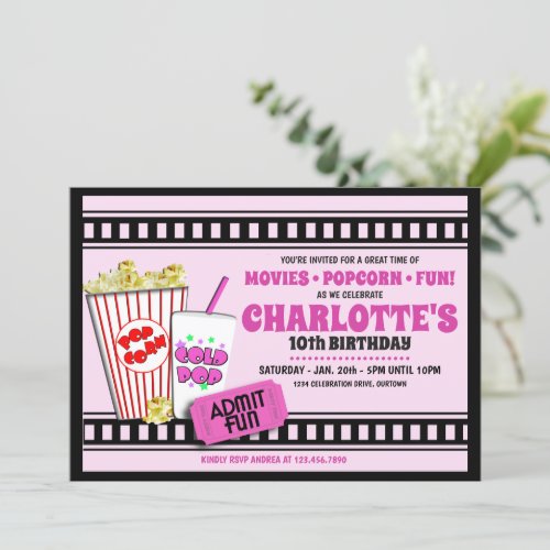 Popcorn and a Movie Birthday Party Invitation