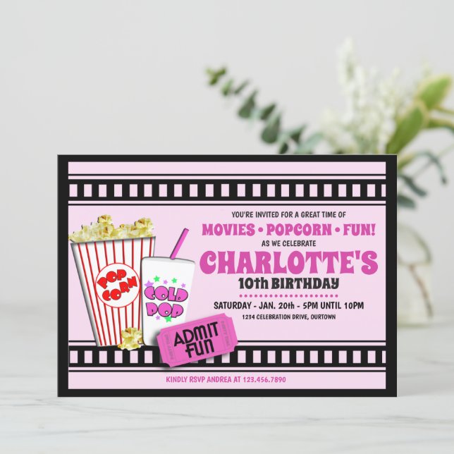 Popcorn and a Movie Birthday Party Invitation (Standing Front)
