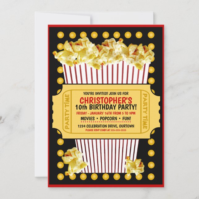 Popcorn and a Movie Birthday Party Invitation (Front)