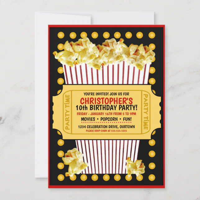 Popcorn and a Movie Birthday Party Invitation | Zazzle