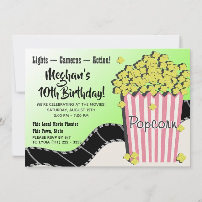 Popcorn and a Movie Pink and Green Invitation (Front)