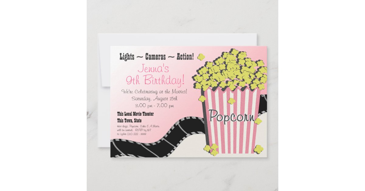 Popcorn and a Movie Pink Invitation | Zazzle