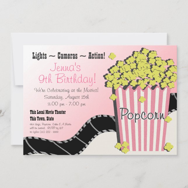 Popcorn and a Movie Pink Invitation (Front)