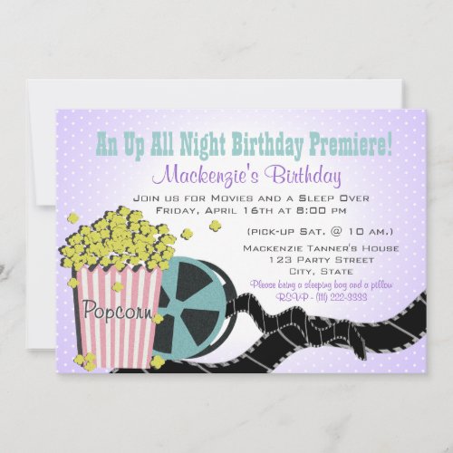 Popcorn and a Movie Sleepover Purple Custom Invitation