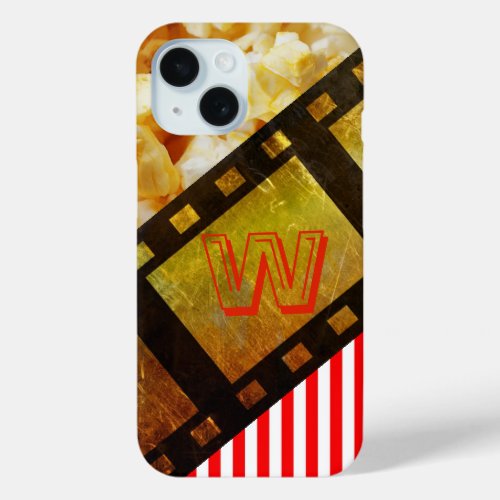 Popcorn and movie reel film theater gold red black iPhone 15 case