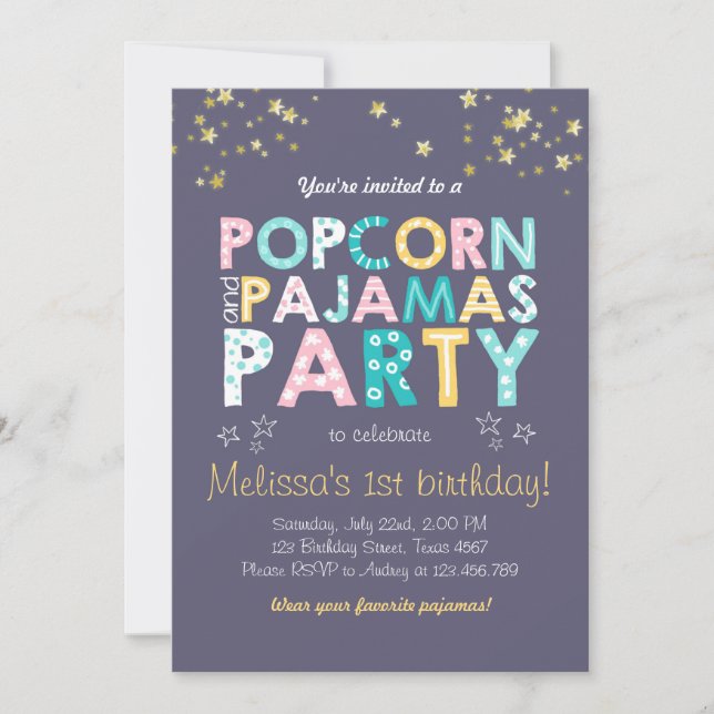 Popcorn and Pajamas birthday invitation Sleepover (Front)