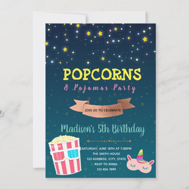 Popcorn and pajamas invitation (Front)
