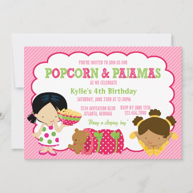Popcorn and Pajamas Sleepover Party Invitation (Front)