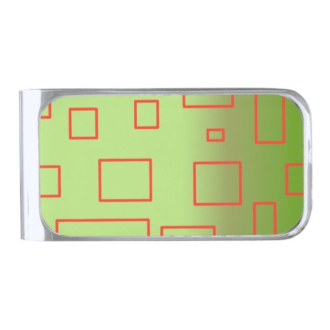 Popcorn Anime Green Red Rectangles  Silver Finish Money Clip (Front)