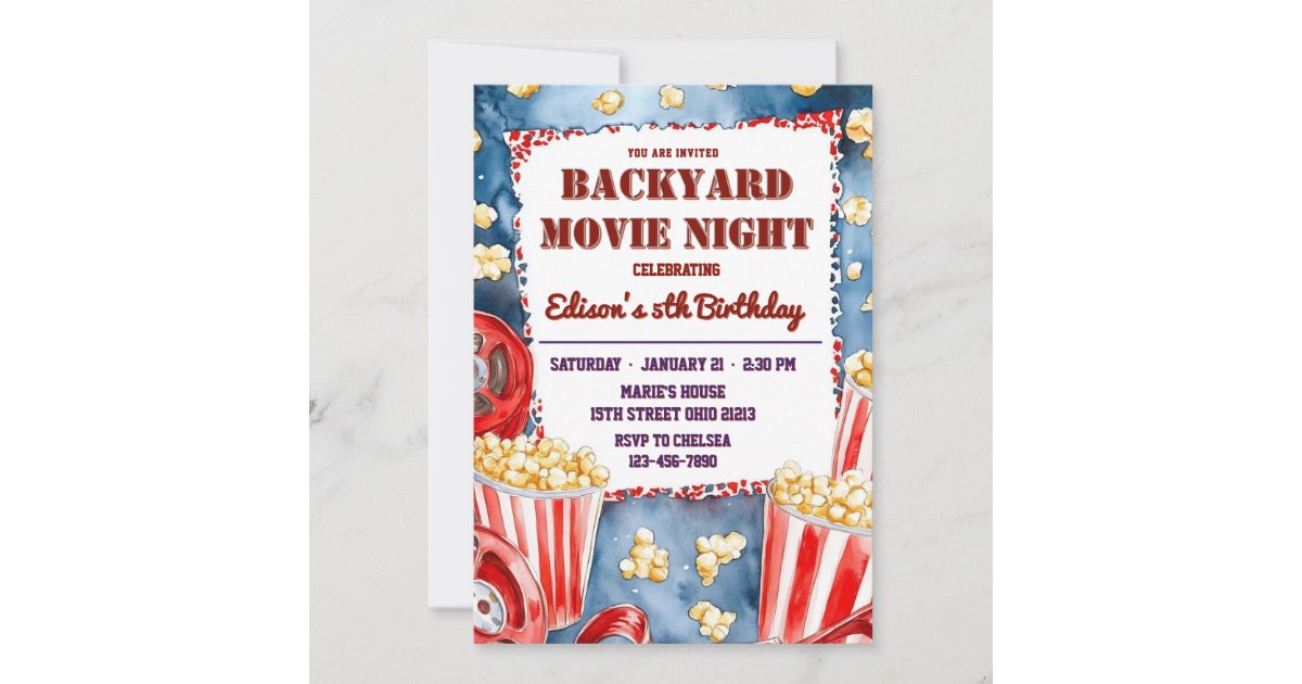 Popcorn Backyard Movie Night Birthday Party Invitation | Zazzle