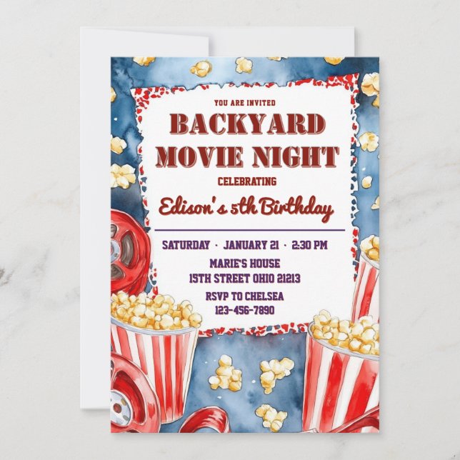Popcorn Backyard Movie Night Birthday Party  Invitation (Front)